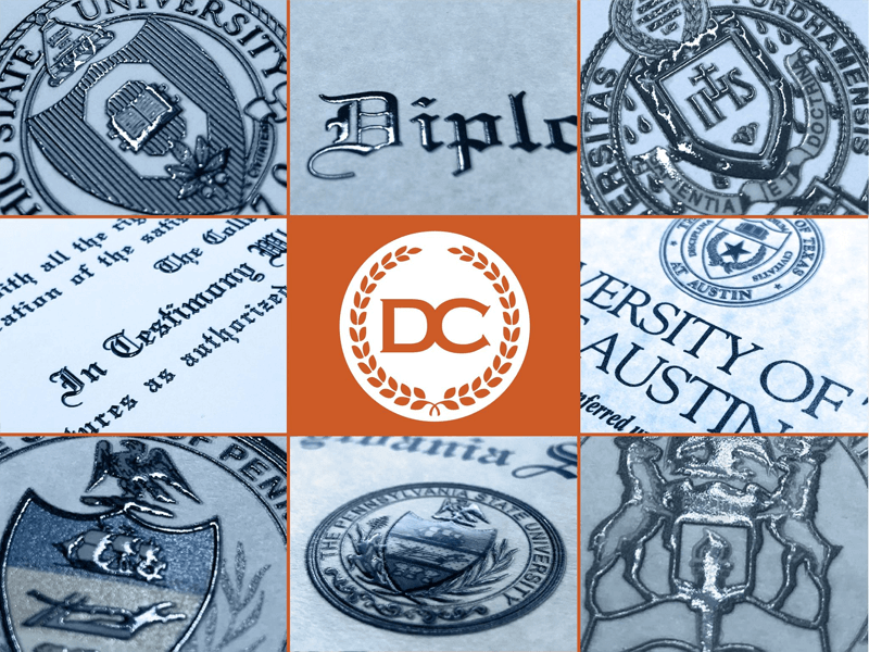collection of raised embossed seals and diplomas from colleges and high schools