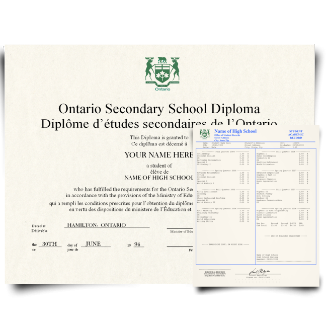 Canada high school diploma from Ontario in French and English with green crest next to set of academic transcript score sheets on security paper