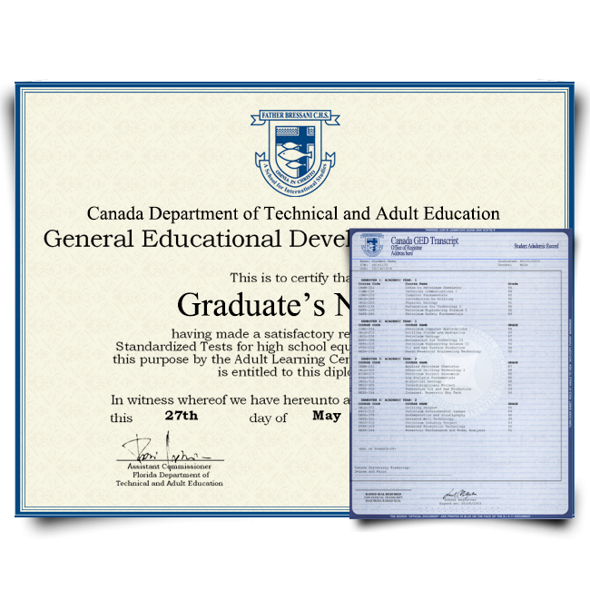 Set of score sheets from GED testing center with blue crest next to set of transcript score sheets that break down fields of study and final scores