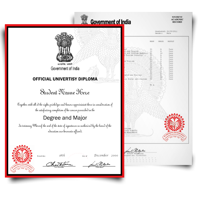 Set of India university diploma and acdemic transcript record set featuring red and black border watermarked paper with crest