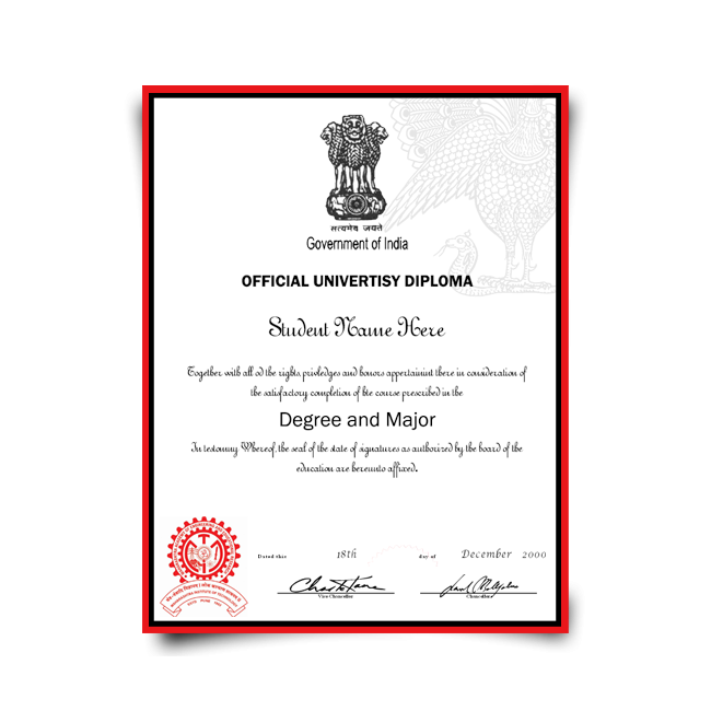 Official university diploma from India college. Featuring red seal and crest with watermarked background and on fancy red border paper