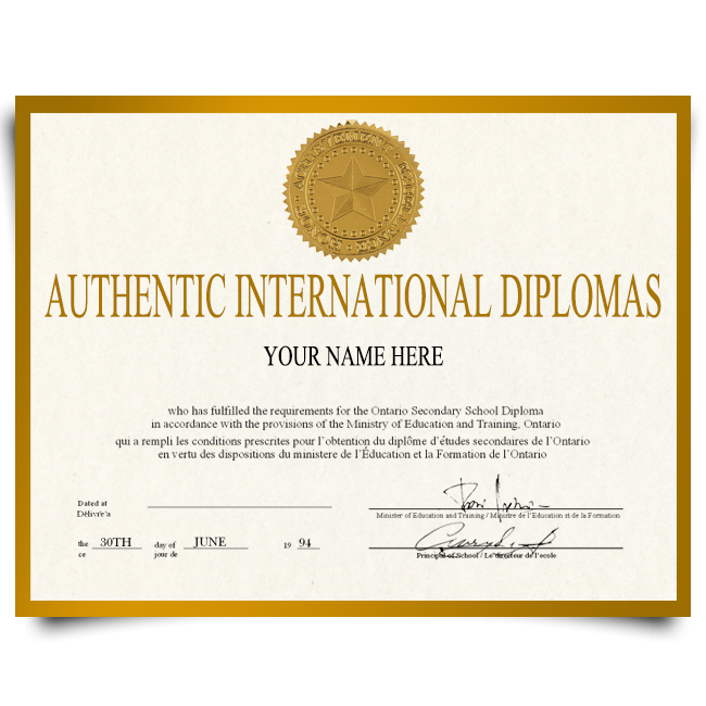 Copy of diploma from international university featuring shiny gold embossed seal on gold bordered paper with complete student and field of study details
