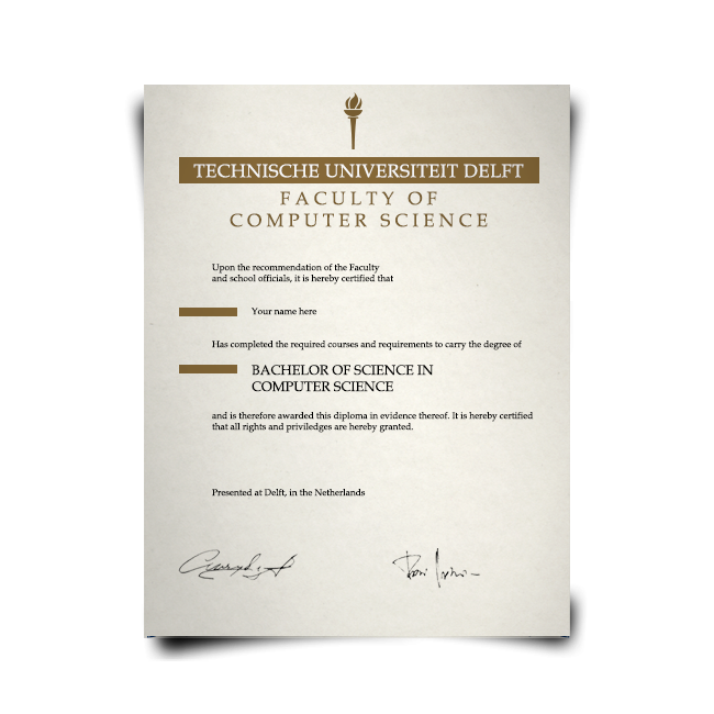 Bachelor of Science Diploma from Delft University of Technology in Netherlands featuring shiny gold seal and overlays and signed