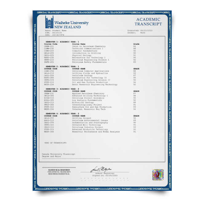 Transcript mark sheets from New Zealand university featuring college classes and student details and final score breakdown on hologram and signed official academic paper with border