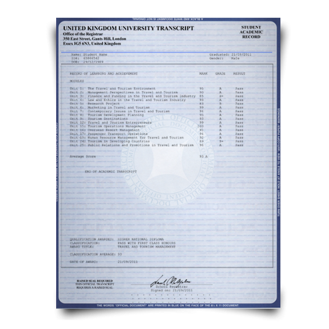 Set of singed UK university academic mark sheets featuring complete United Kingdom class details signed on blue academic security paper