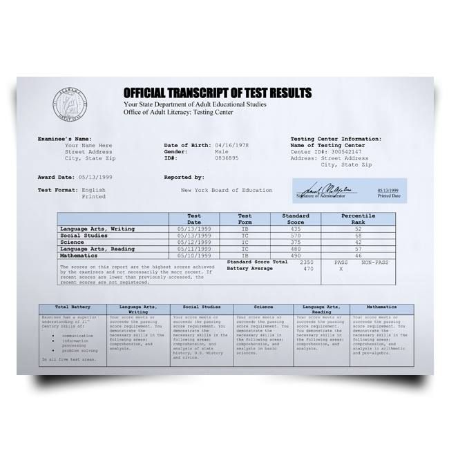 set of ged testing center score sheets with dark state seal featuring test format and center id details on blue security paper