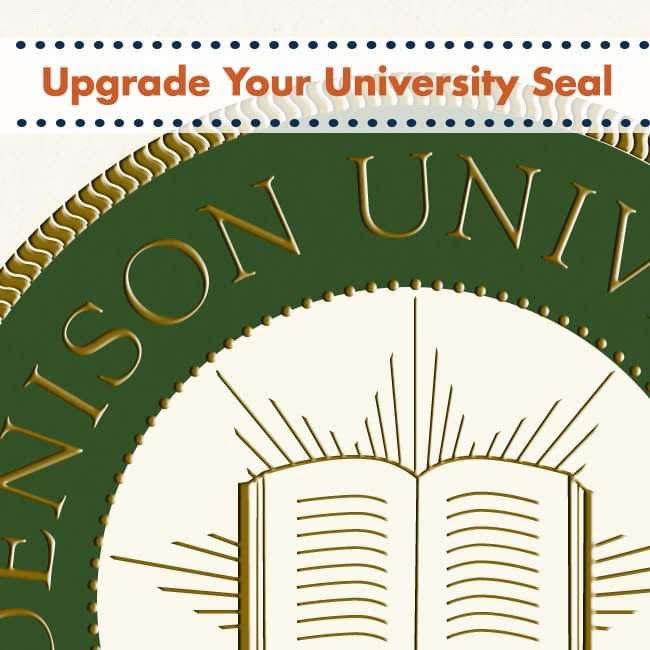 raised James Madison university seal in shiny gold and green finish being used to promote raised and embossed seal printing services