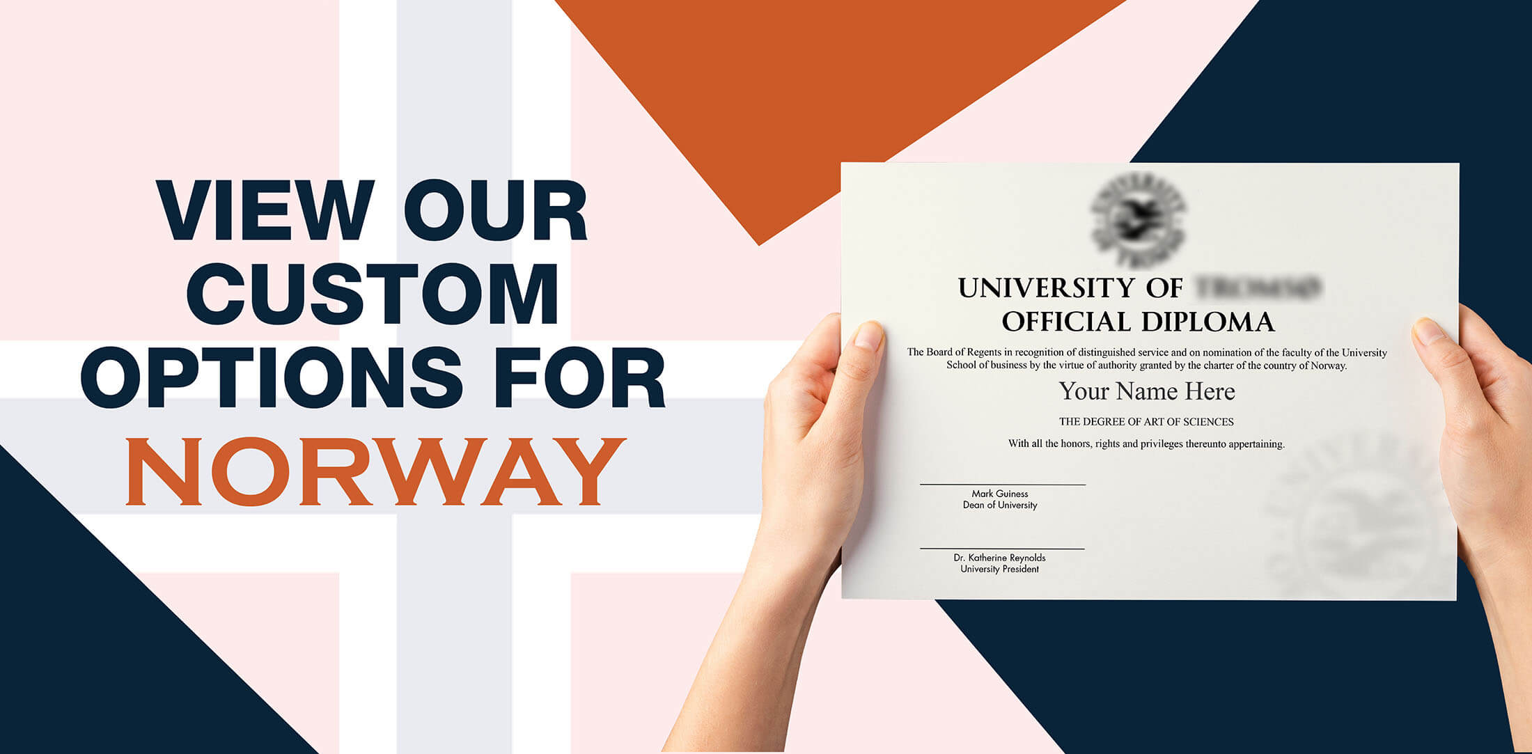 hands holding high quality realistic fake Norway degrees from Diploma Company Canada!
