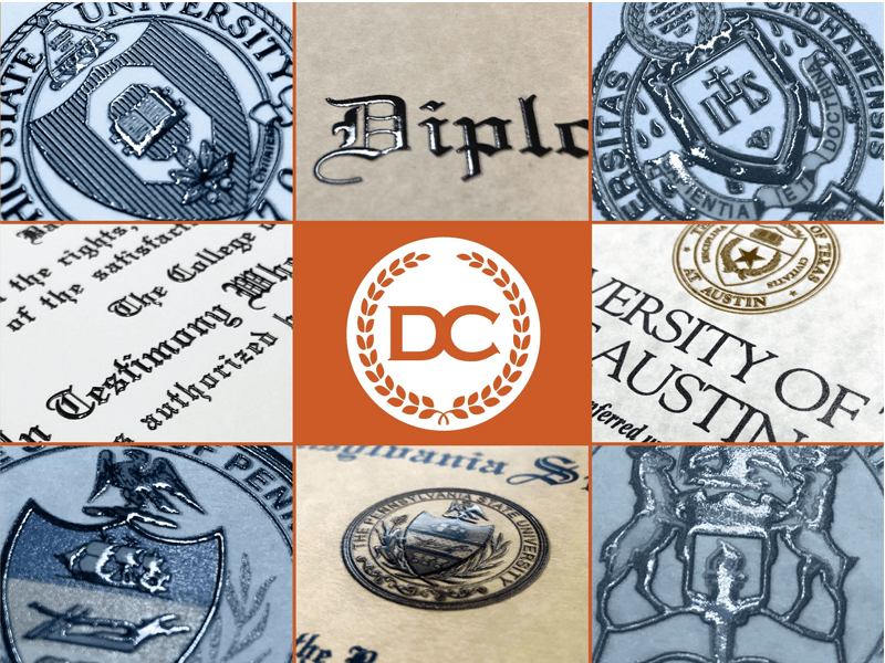 collection of diplomas and with raised embossed seals from high schools and colleges