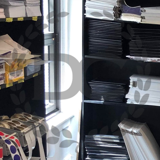 Stockroom showing access to supplies including some types of diploma paper we stock! diploma paper stockroom