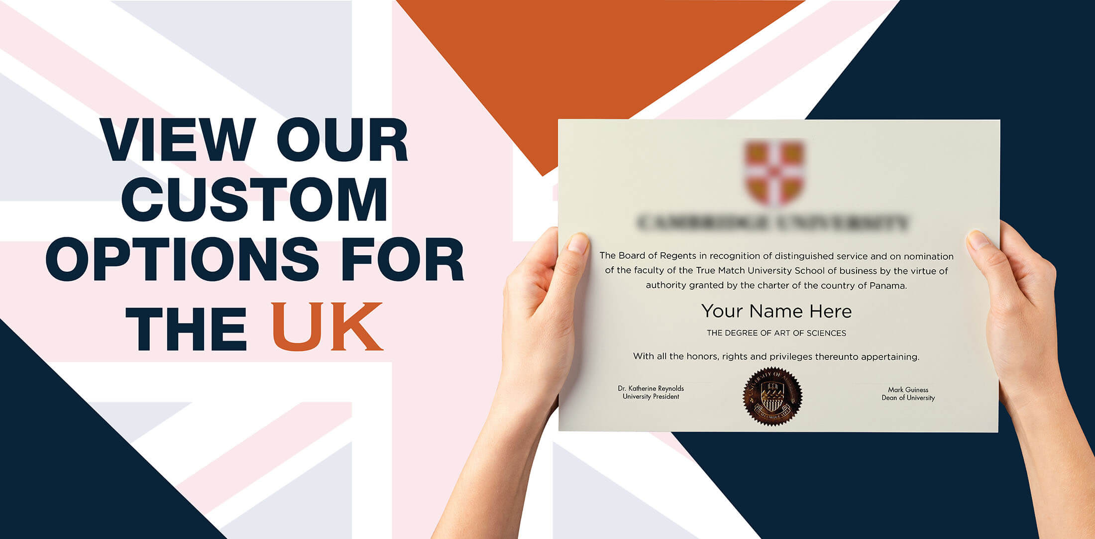 hands holding high quality realistic fake United Kingdom degrees from Diploma Company India!