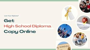 a collage of high school images including a diploma, high school building taken from outside, graduates, and more.