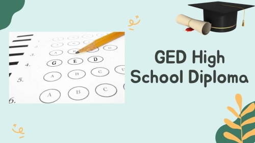 ged test score next to graduate cap in fun funky plant inspired background image