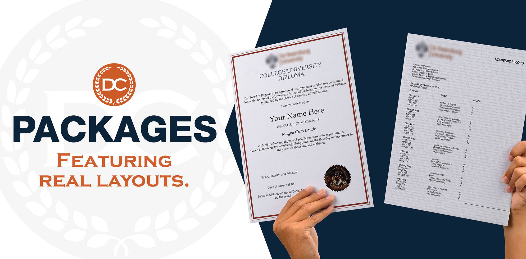 Buy fake diploma and transcript packages! Real custom made raised and embossed seals! Trust Diploma Company today with it's unmatched warranty guarantee. Arrives fast and proofed free. 
