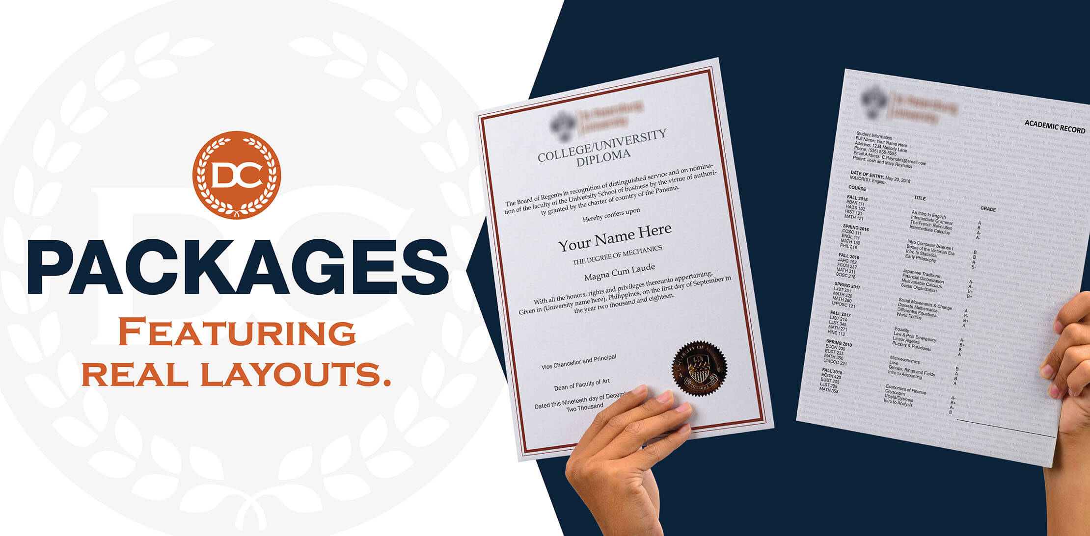 Fake Diplomas and Transcripts Buy fake diploma and transcript packages! Complete high school and college sets with 20% savings by bundling! Includes our guarantee and arrives fast!