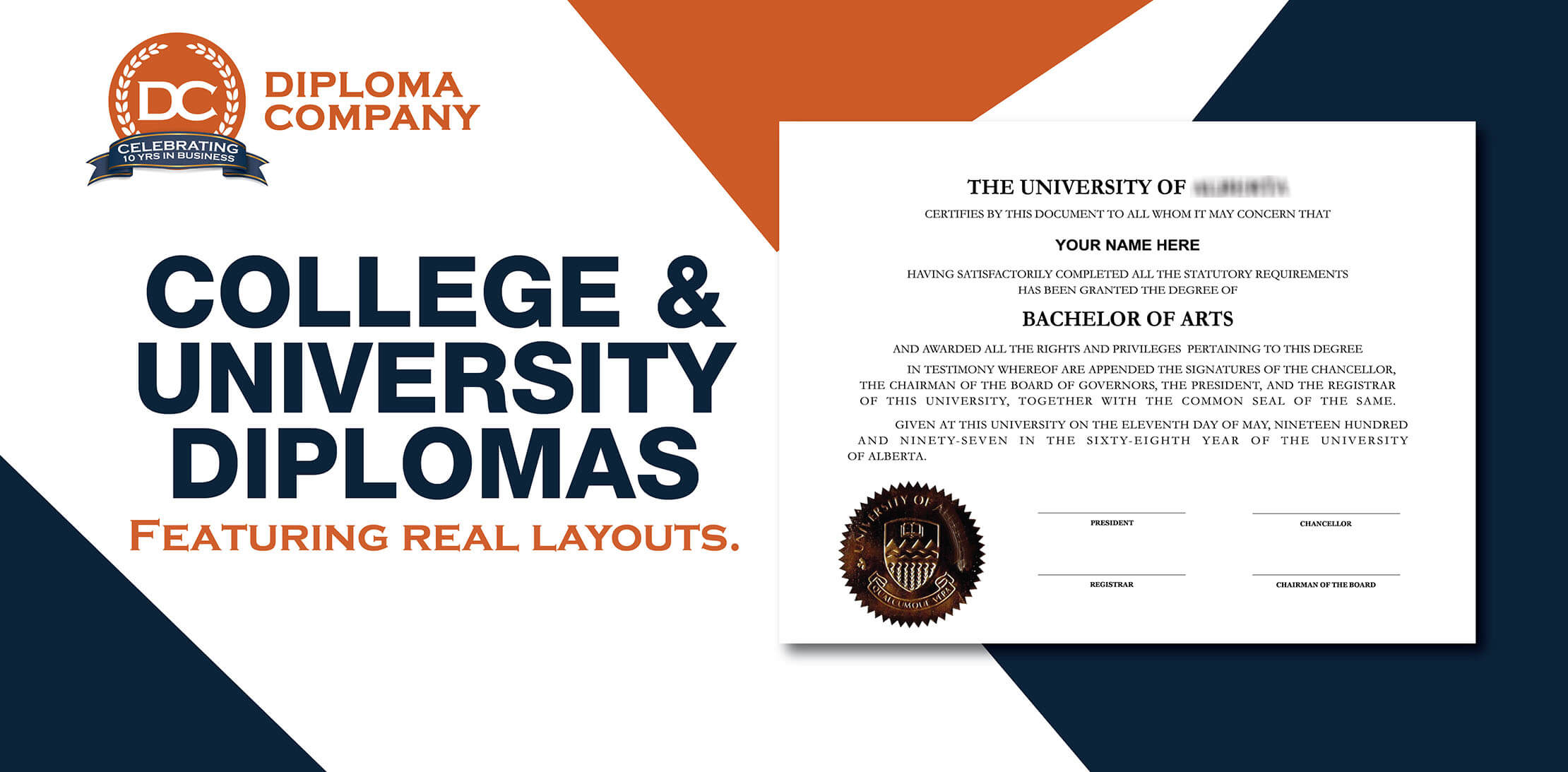 Fake college diplomas featuring realistic university layouts! 100% match! Shiny gold embossed seals! Satisfaction guaranteed!