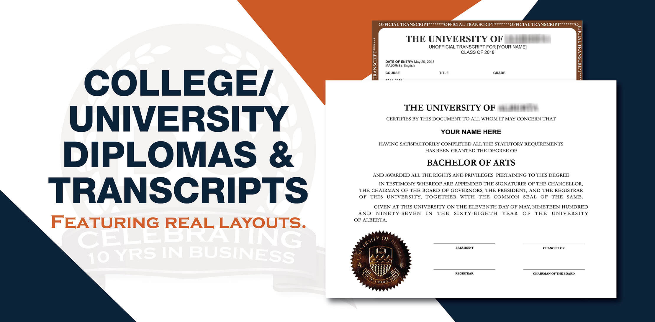 Buy a fake college diploma and transcript sets. Save 20% today! 100% custom-made university packages! Only print shop with real embossed text and raised seals!
