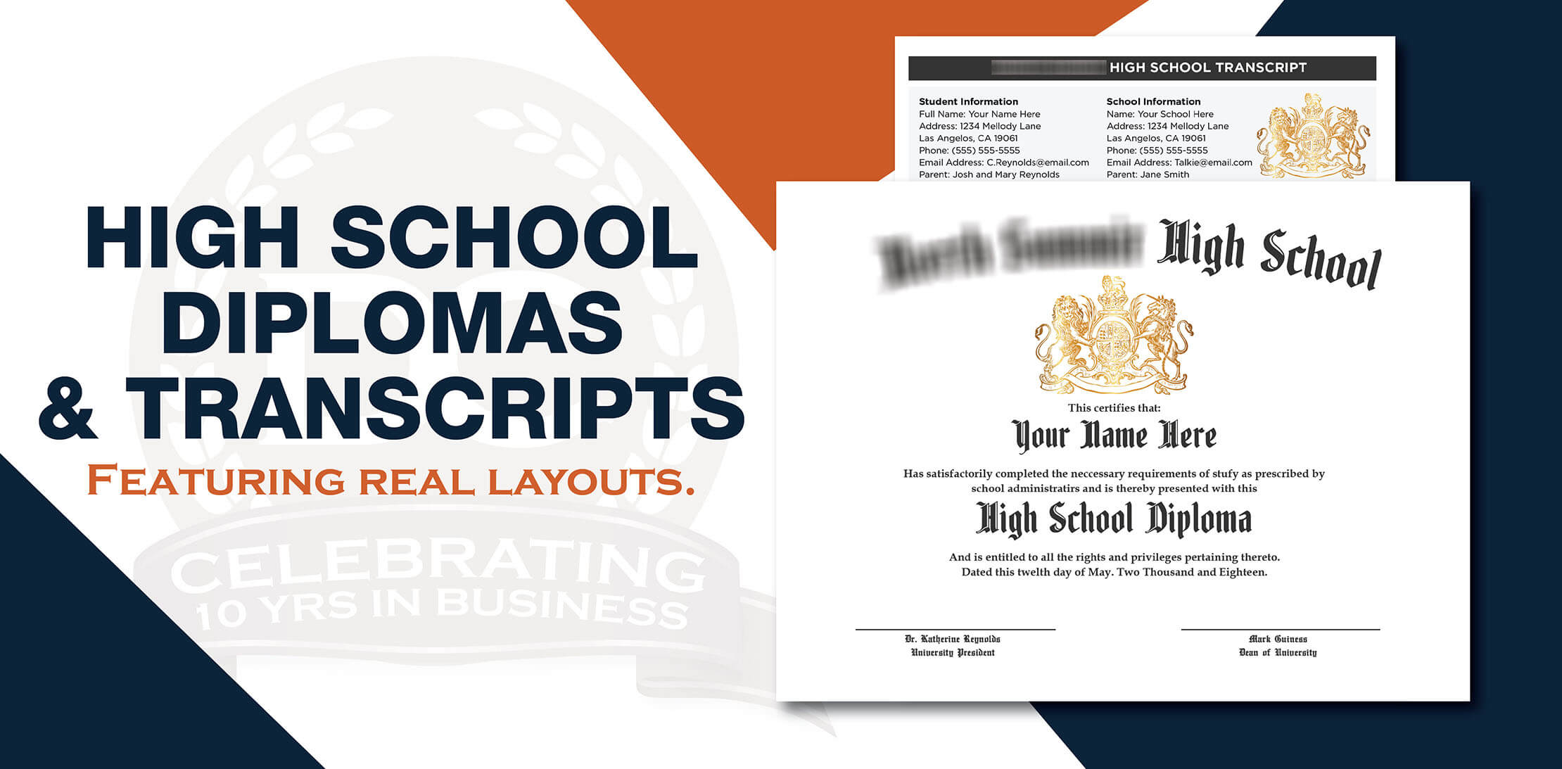Fake High School Diploma and Transcript Buy a fake high school diploma and transcript sets. Save 20% today! 100% custom-made and delivered fast!