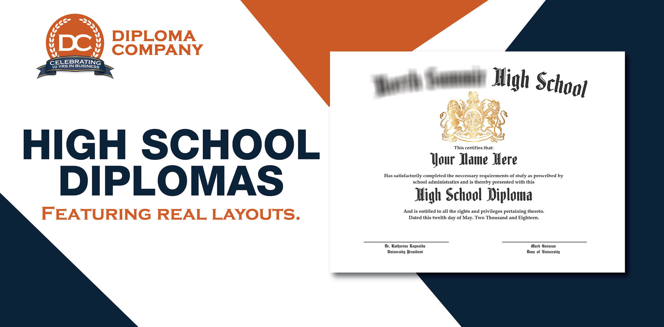 DiplomaCompany.com offers premium high school diplomas! Ships quick, free proofs, real hs and secondary school layouts, gold seals, and 100% guarantee!