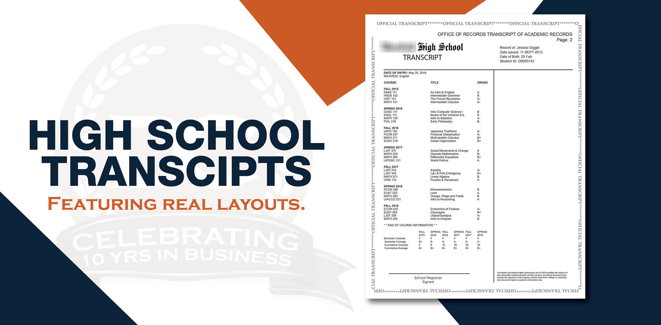 Buy fake high school transcripts! Features real classes with custom scores on authentic paper! Shockingly authentic! Free shipping and money-back guarantee!