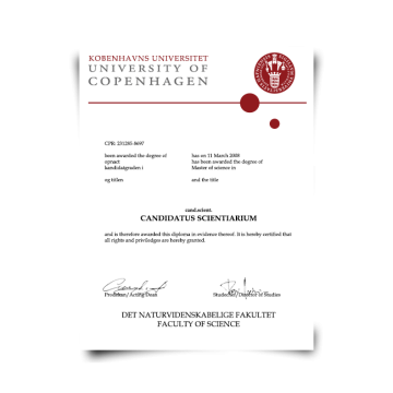 University of Copenhagen diploma featuring 2008 Kobenhavns Universitet layout with dark red school seal