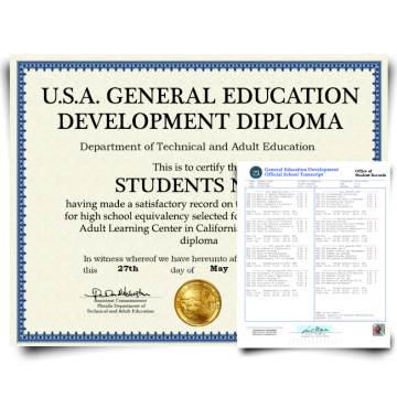 diploma from GED testing center in USA featuring shiny gold seal on blue border certificate paper alongside of signed score sheet with hologram