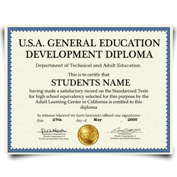 Signed diploma from GED testing center in USA featuring shiny gold embossed state seal from 2005 on fancy blue border certificate paper