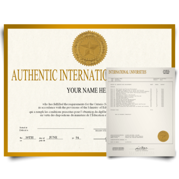 International diploma with shiny gold border featuring student graduate details next to set of matching academic transcript scores and grades