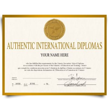 Copy of diploma from international university featuring shiny gold embossed seal on gold bordered paper with complete student and field of study details