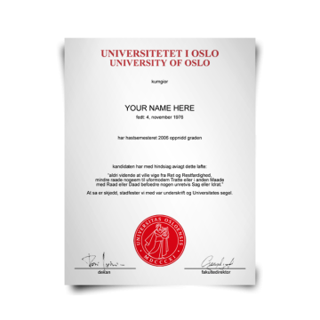 University of Oslo diploma from 1976 featuring official embossed red seal and signed by hand on premium diploma paper