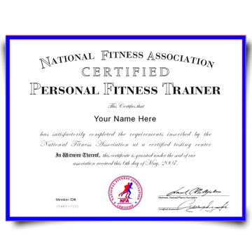 signed national fitness association personal trainer certificate on blue border paper with official seal inspired by ace document