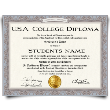 Arts and science diploma from USA college on fancy border paper featuring shiny gold embossed state seal
