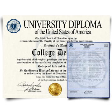 University diploma from USA college featuring shiny gold state seal with watermarked paper next to set of transcripts with classes on blue border academic security paper 