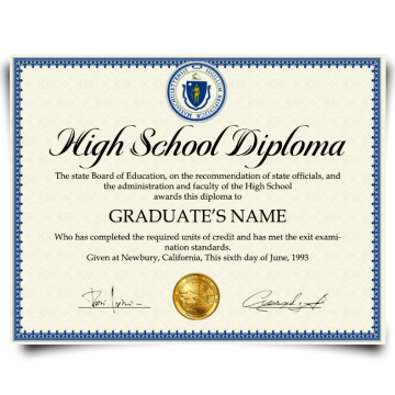 Diploma from high school in USA with shiny gold embossed state seal signed by hand on fancy border certificate paper
