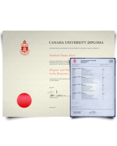 Canada university diploma with red seal next to set of blue university transcripts feature college classes and grades