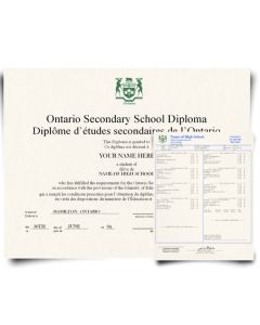 Canada high school diploma from Ontario in French and English with green crest next to set of academic transcript score sheets on security paper