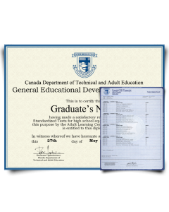 Set of score sheets from GED testing centre with blue crest next to set of transcript score sheets that break down fields of study and final scores