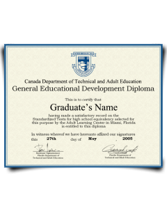 Canada adult development GED diploma on blue border paper with embossed crest at top