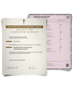 Diploma from Delft University of Technology in Netherlands along with set of academic mark sheets showing complete class details on bordered academic paper with hologram