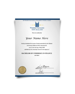 Diploma in Bachelor of Commerce in Finance on blue paper from New Zealand university featuring shiny gold college seal with student details