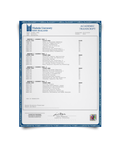 Transcript mark sheets from New Zealand university featuring college classes and student details and final score breakdown on hologram and signed official academic paper with border