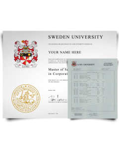 Diploma from Sweden university featuring coat of arm and shiny gold embossed seal next to set of academic mark sheet transcripts on watermarked security paper