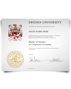 Signed diploma from Sweden university big shiny gold embossed college seal and coat of arms featuring student information and Mater of Science details