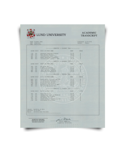 Set of signed and stamped academic mark sheet transcripts from Lund University in Sweden featuring college classes and student information on watermarked security paper