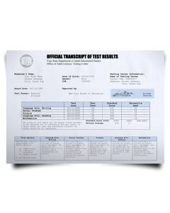 set of GED testing center score sheets with dark state seal featuring test format and center id details on blue security paper