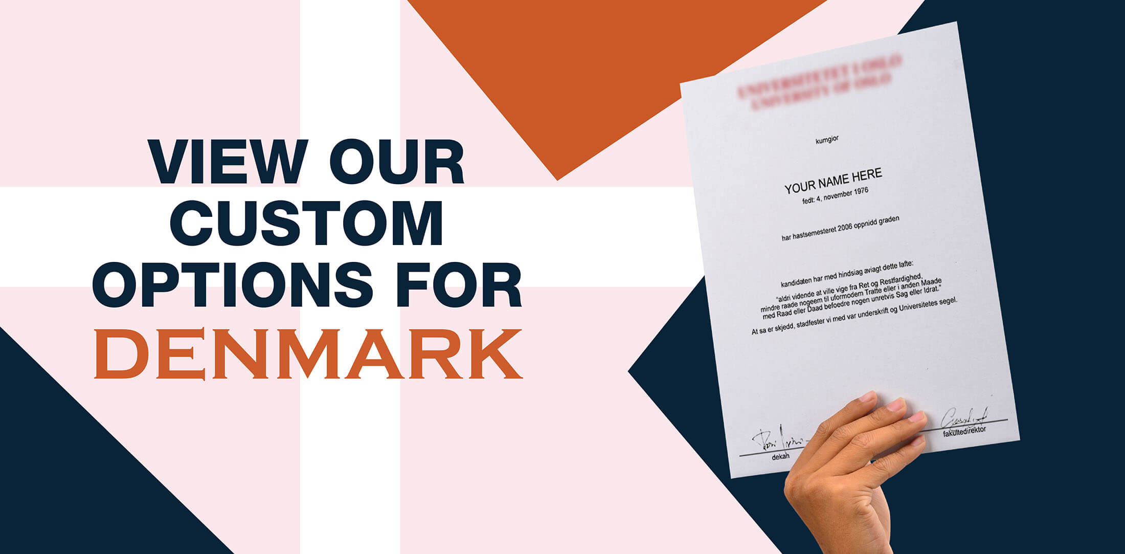 hands holding high quality realistic fake Denmark degrees from DiplomaCompany.com