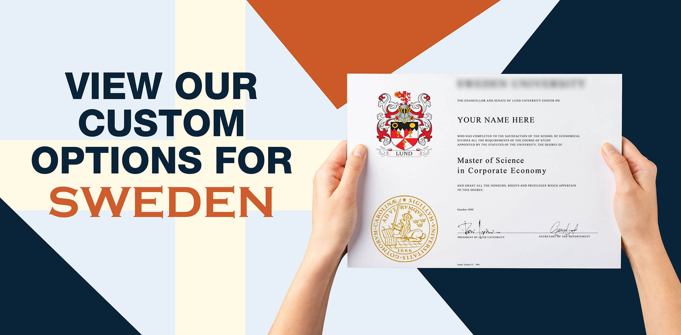 hands holding high quality realistic fake Sweden degrees from Diploma Company!