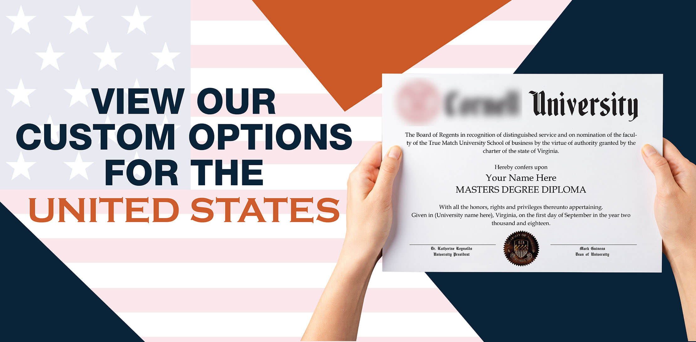 hands holding high quality realistic fake USA degrees from DiplomaCompany.com