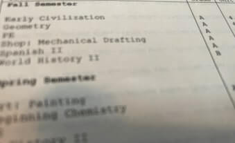 a closeup of academic coursework and classes on a novelty transcript print