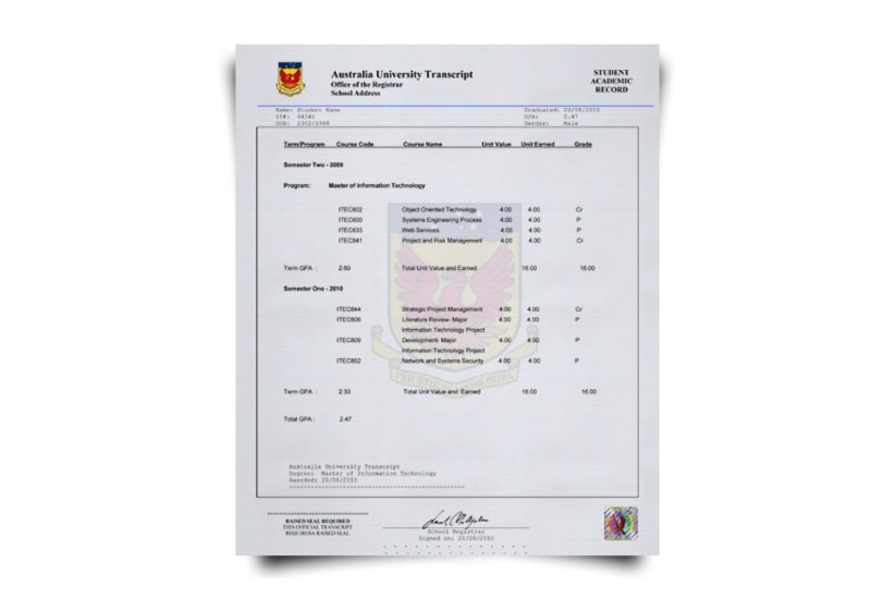 Australia University Transcript